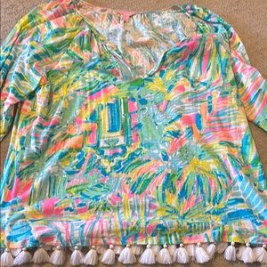 Lilly Pulitzer Blue and Pink Graphic Blouse Relaxed Fit